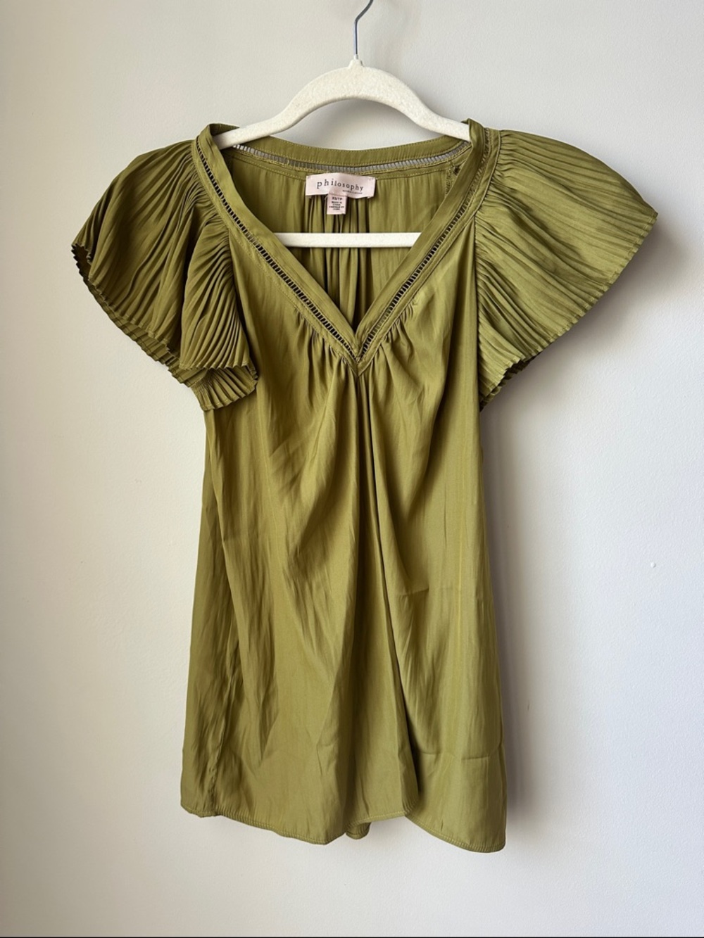 Philosophy Olive Green Pleated Flutter Sleeve V-Neck Top